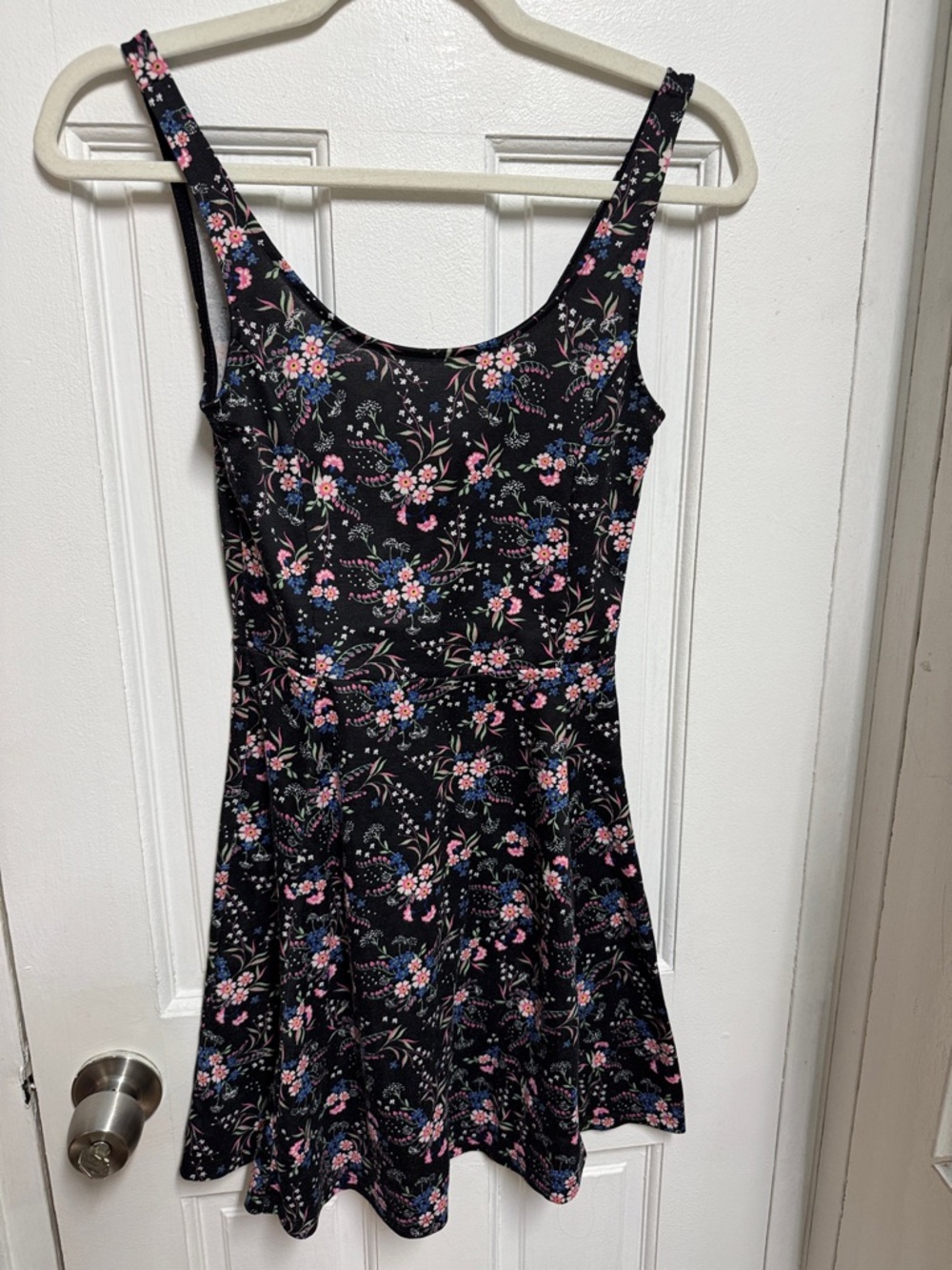 H&M Black Floral Scoop-Neck Mini Dress with Pink & Blue Blooms